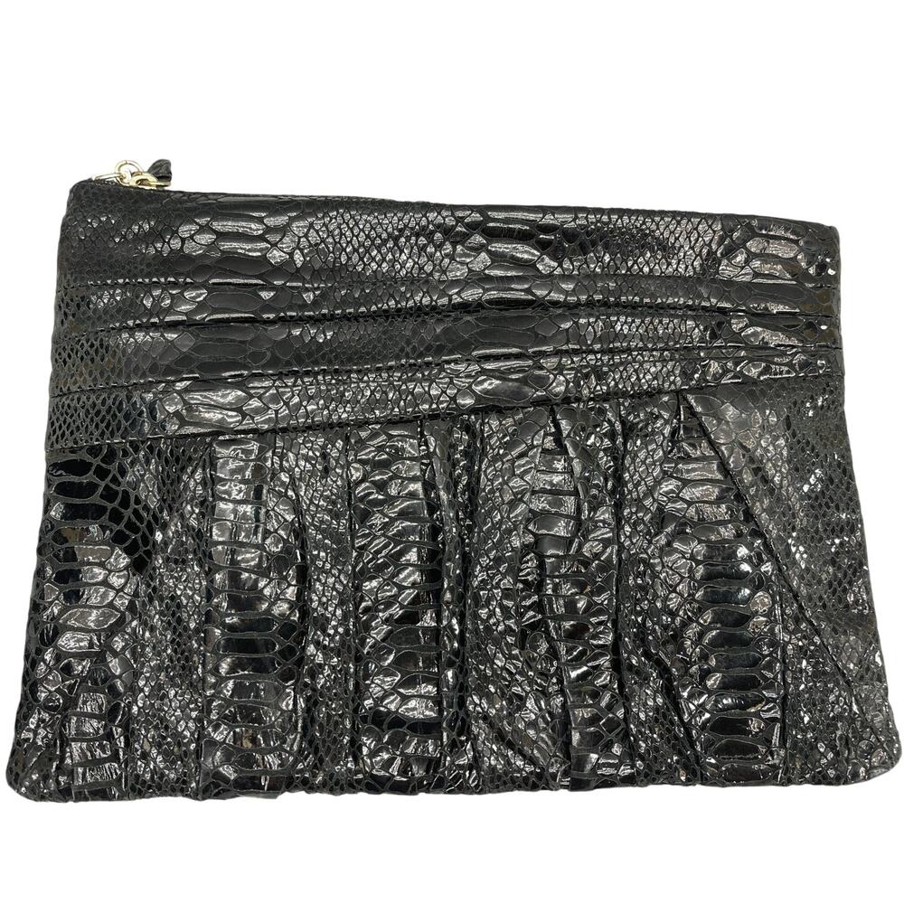 Liz Claiborne Vintage 80s 90s Black Snake Print Leather Dressy Clutch Purse